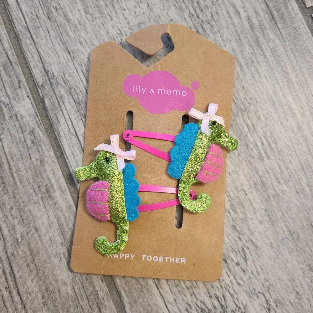 Lily & Momo Seahorse Girls Hair Clips Glitter Felt Barrettes Set of 2 NEW